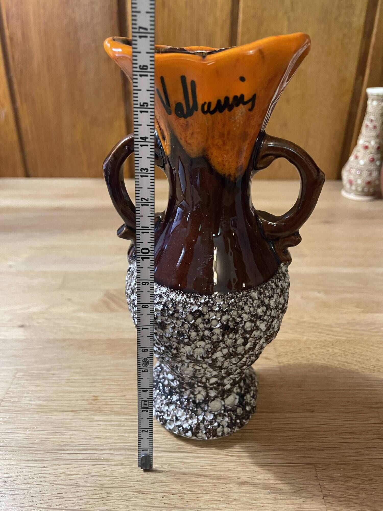 Small Vallauris ceramic vase orange brown and white 70s