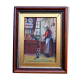Old painting of a milkmaid and cat, genre scene