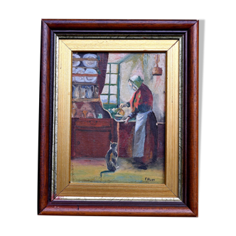 Tableau ancien laitière et chat scène de genre