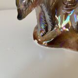 Kitsch Vase "Tree Trunk with Green Woodpecker" - Pink Iridescent Ceramic