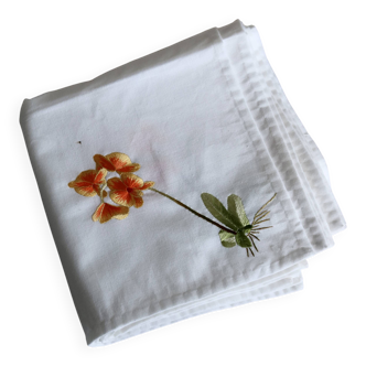 8 serviettes de table anciennes coton blanc - Brodées motif fleur orange