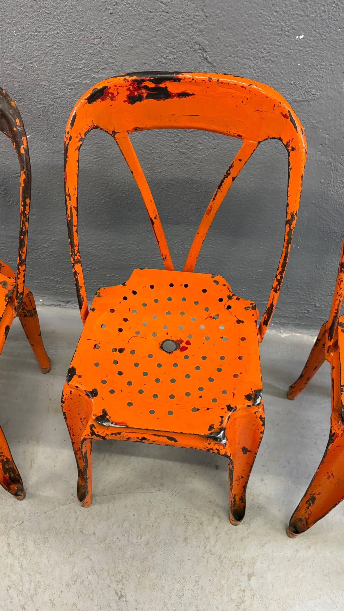 Set of four industrial metal dining chairs by Joseph Mathieu, painted steel, 1920s, France