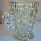 Thick, molded glass ear vase, art deco period and style, stylized leaves and grapes