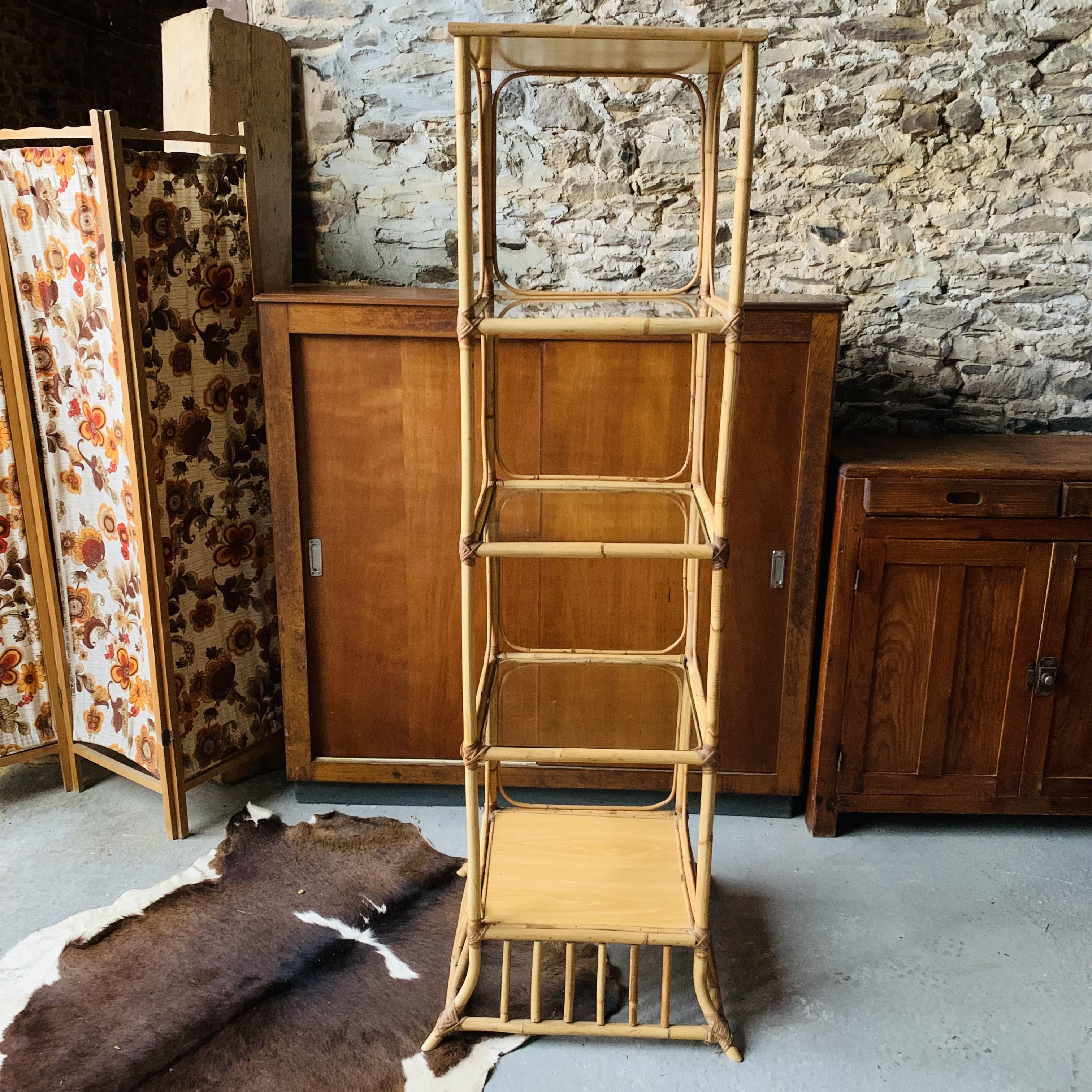 Vintage rattan and glass shelf