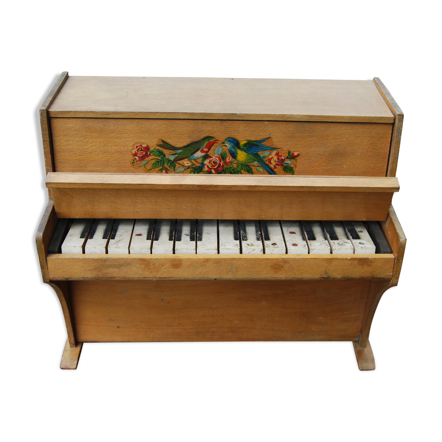 Jouet ancien piano en bois décoration oiseaux sur rosier