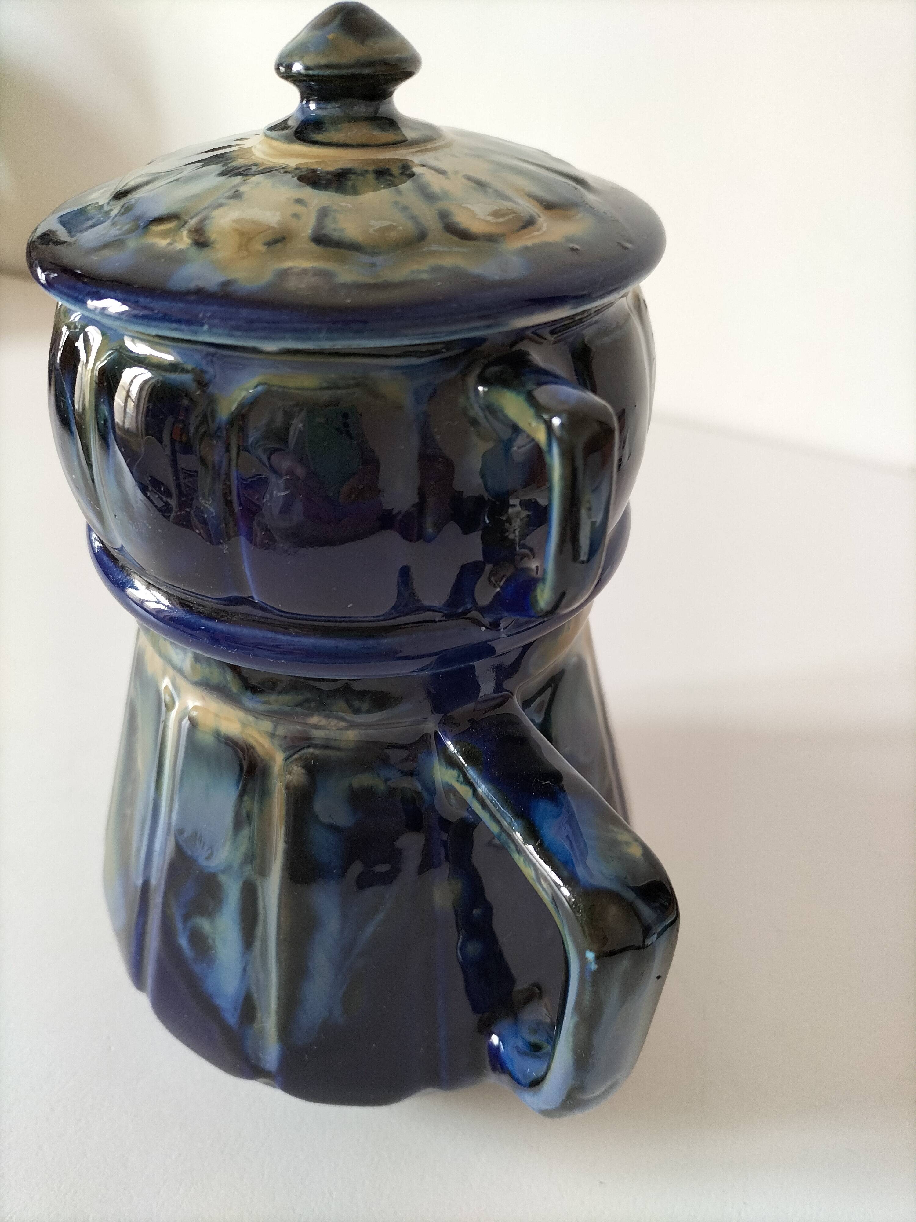 Midnight blue and flamed beige enameled ceramic filter coffee maker