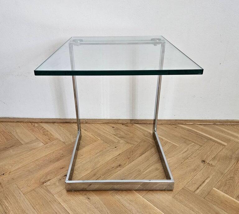 Midcentury Design Cantilevered Glass & Chrome Side Coffee Table, 1980s