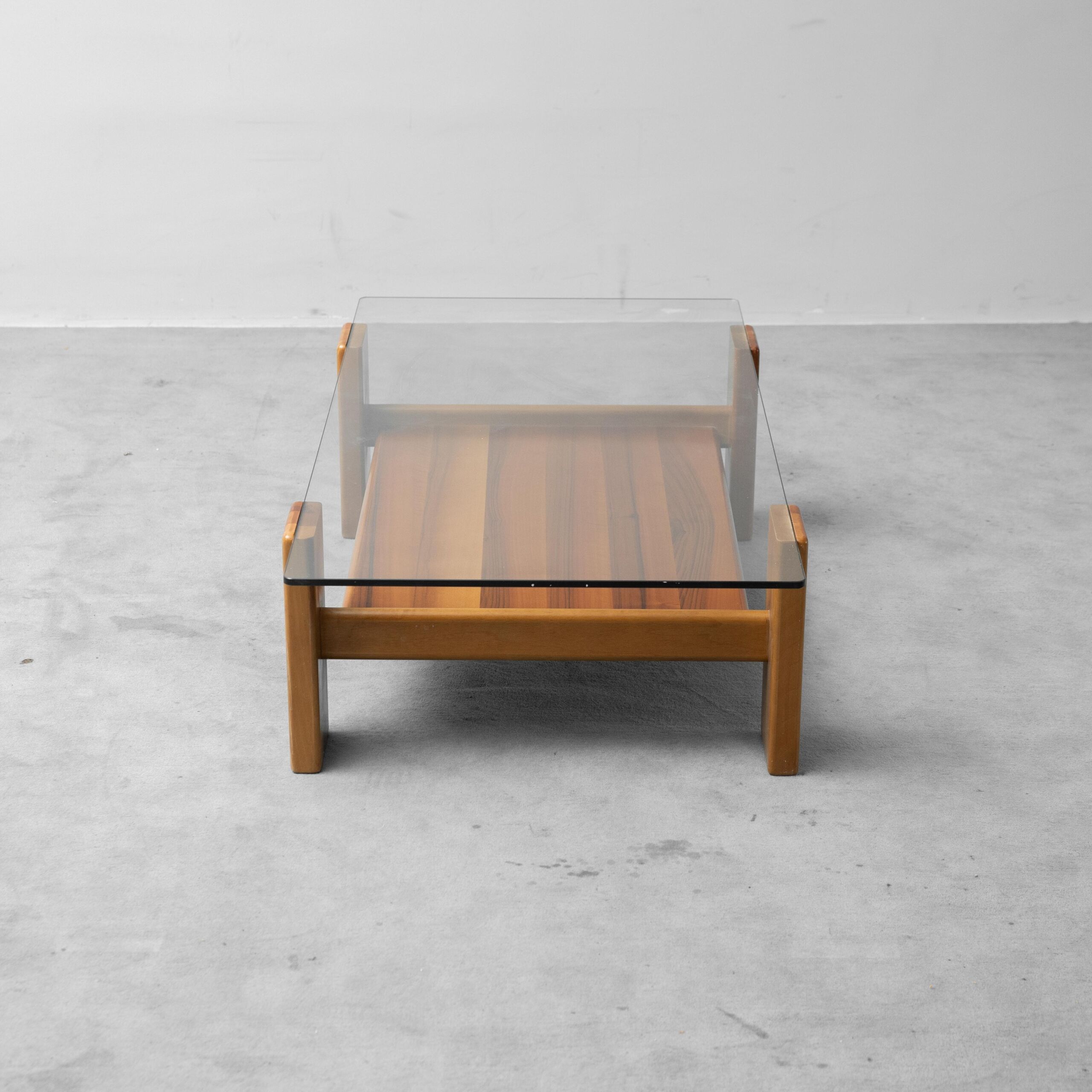 Vintage coffee table in glass and wood, modernist design, 1970s