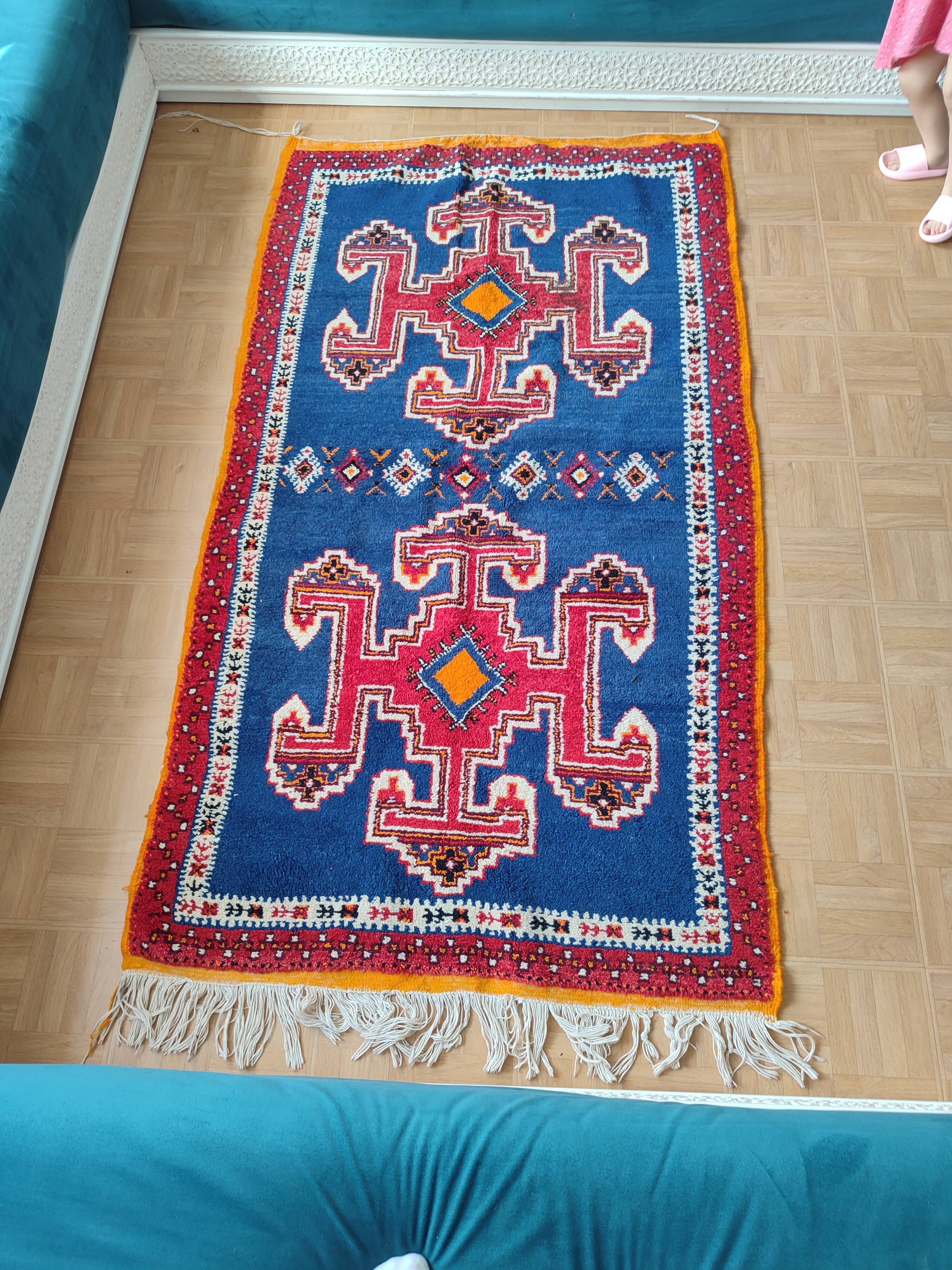 Handmade Berber Rug Blue Majorelle & Red - 112 x 200 cm