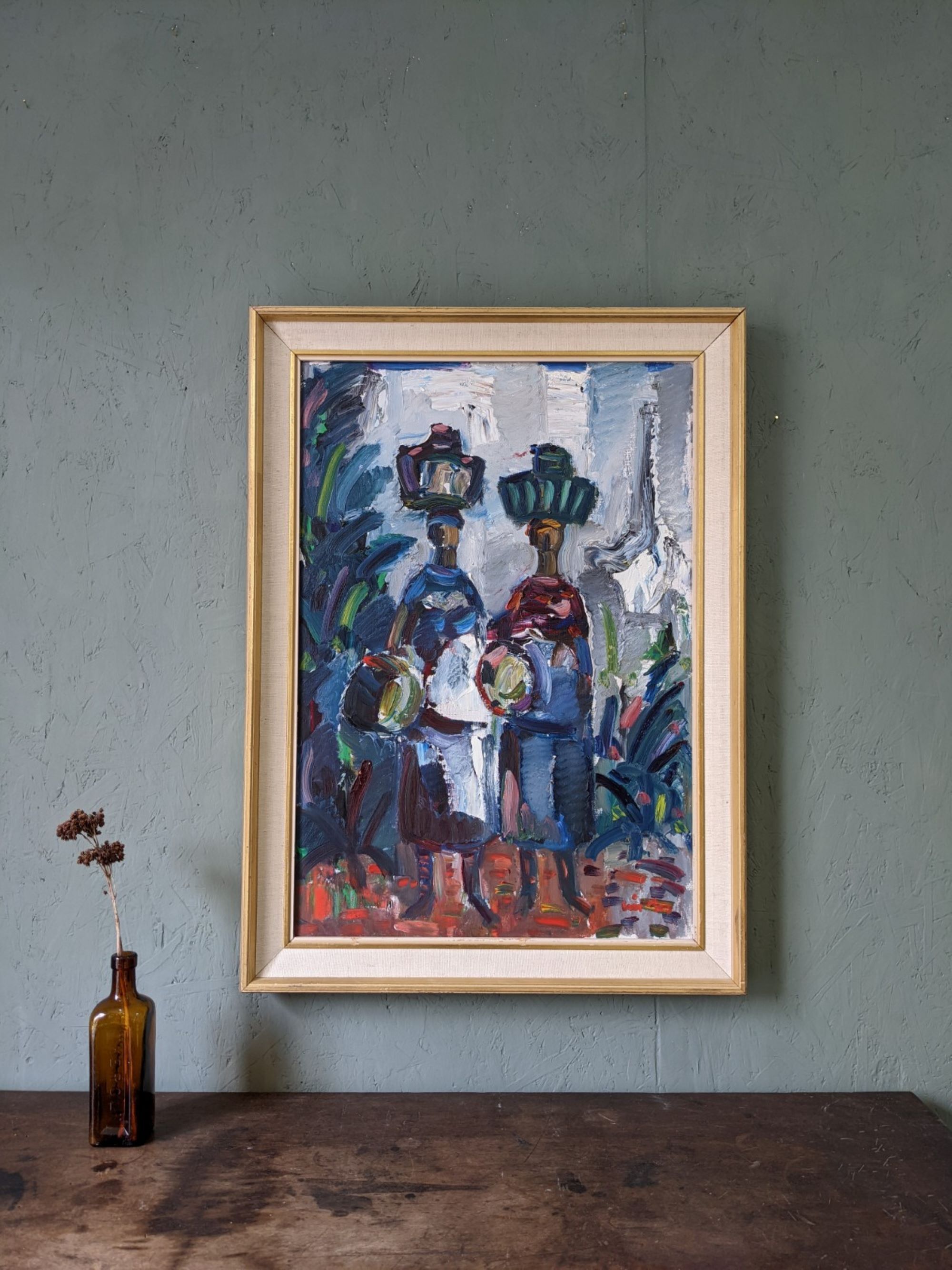 Peinture à l’huile figurative vintage suédoise « Moroccan Ladies » suédoise du milieu du siècle, encadrée