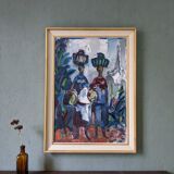 Peinture à l’huile figurative vintage suédoise « Moroccan Ladies » suédoise du milieu du siècle, encadrée