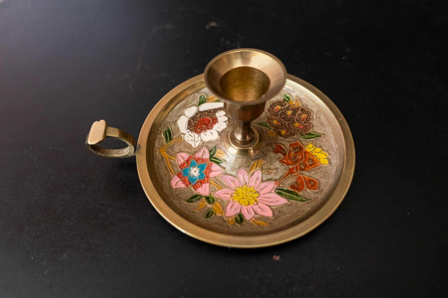 Vintage brass candle holder and floral paintings