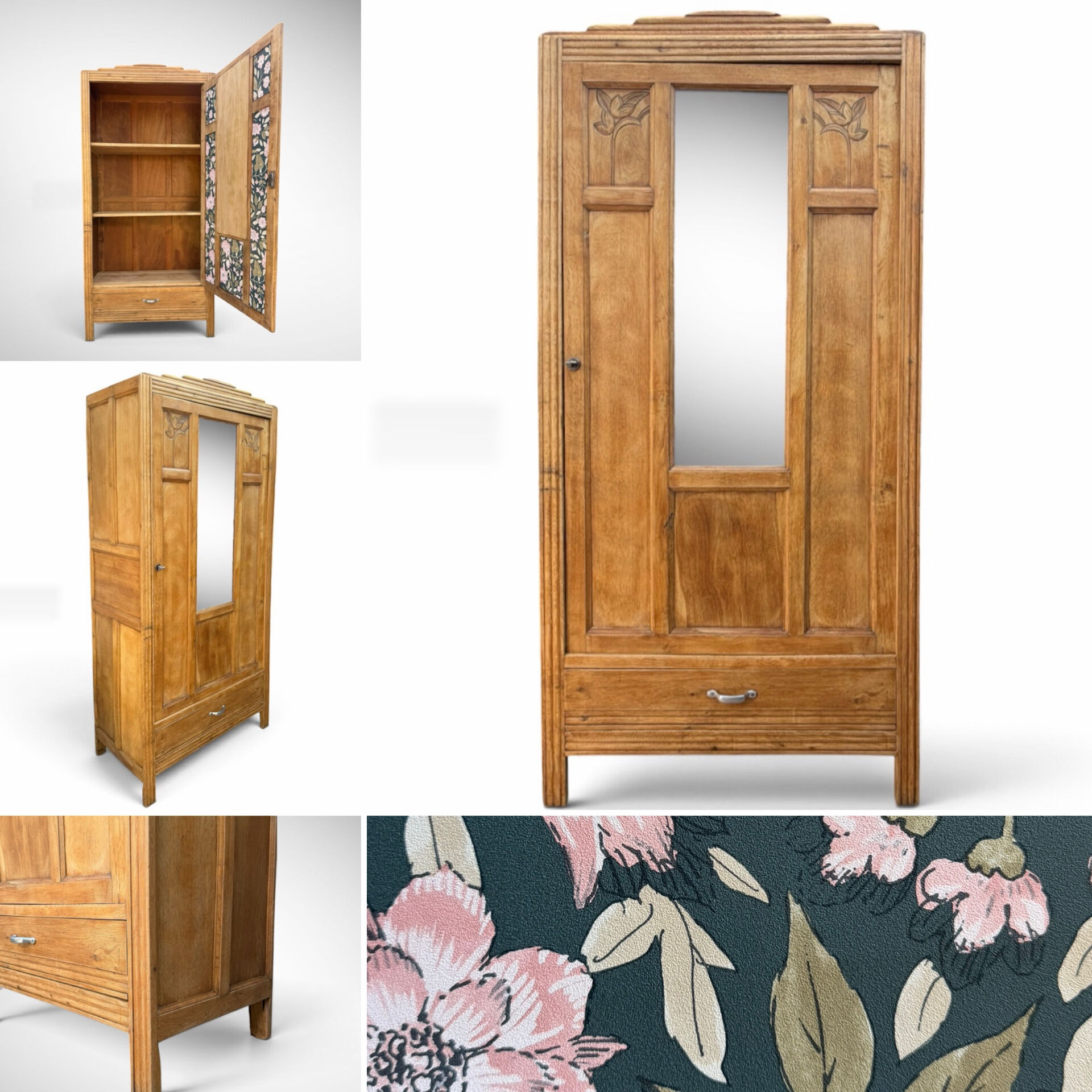 Parisian Art Deco wardrobe in raw oak, renovated.