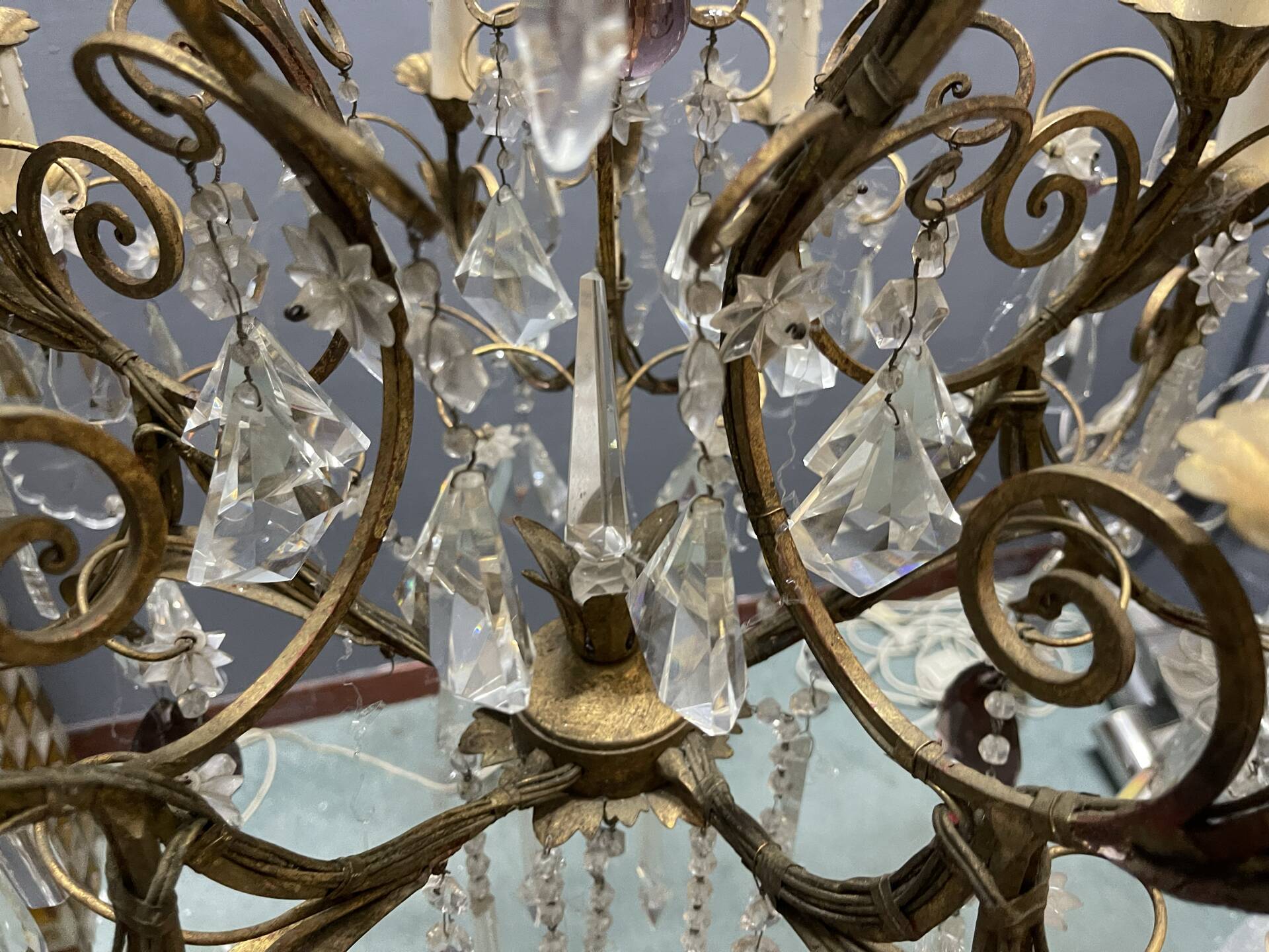 Large Florentine Tole Chandelier with Murano Glass Flowers, Italy, 195