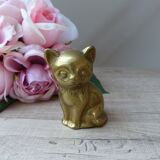 Figurine statuette mignon chat assis en laiton doré massif lourd creux vintage