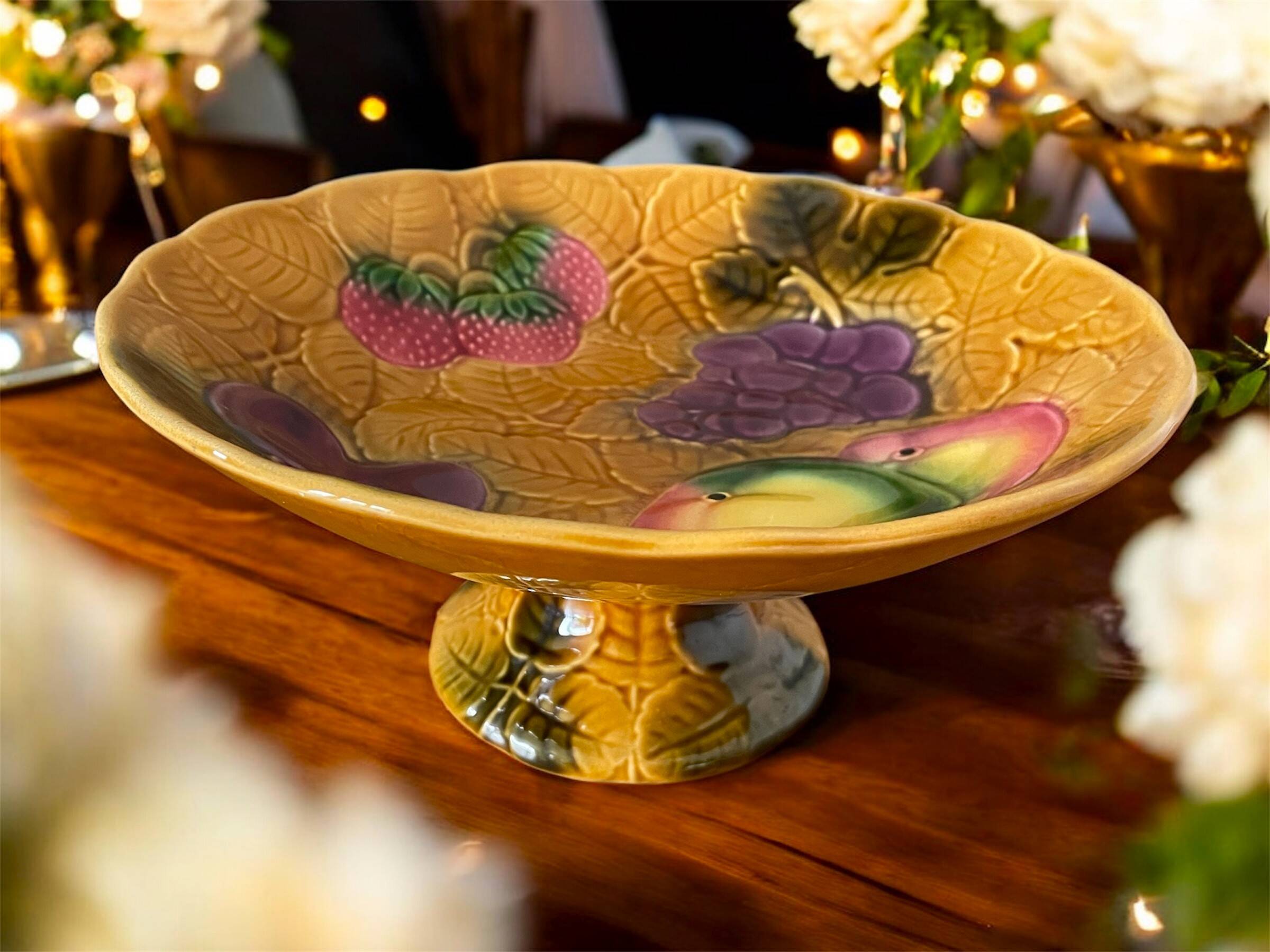 Elegant antique compote dish in barbotine from Salins-les-Bains (Jura)