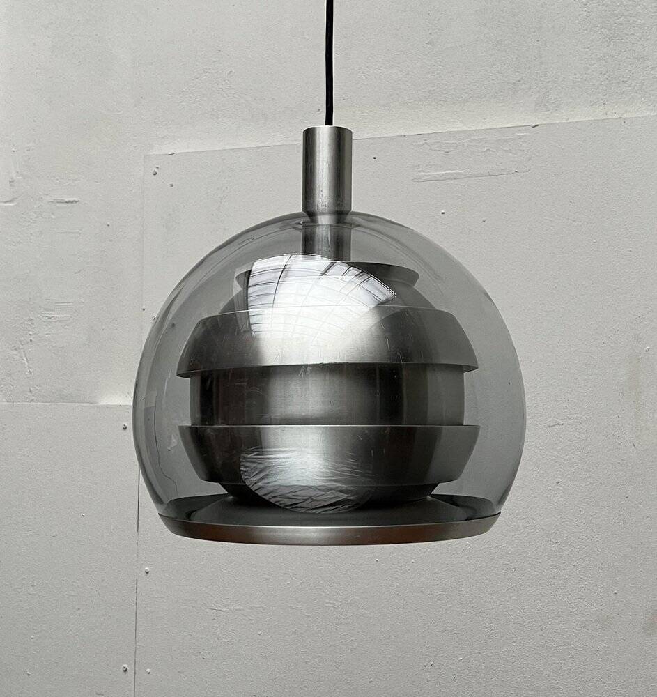 Suspended globe lamp in aluminium and glass in German Space style from the 1960s mid-century by Doria.