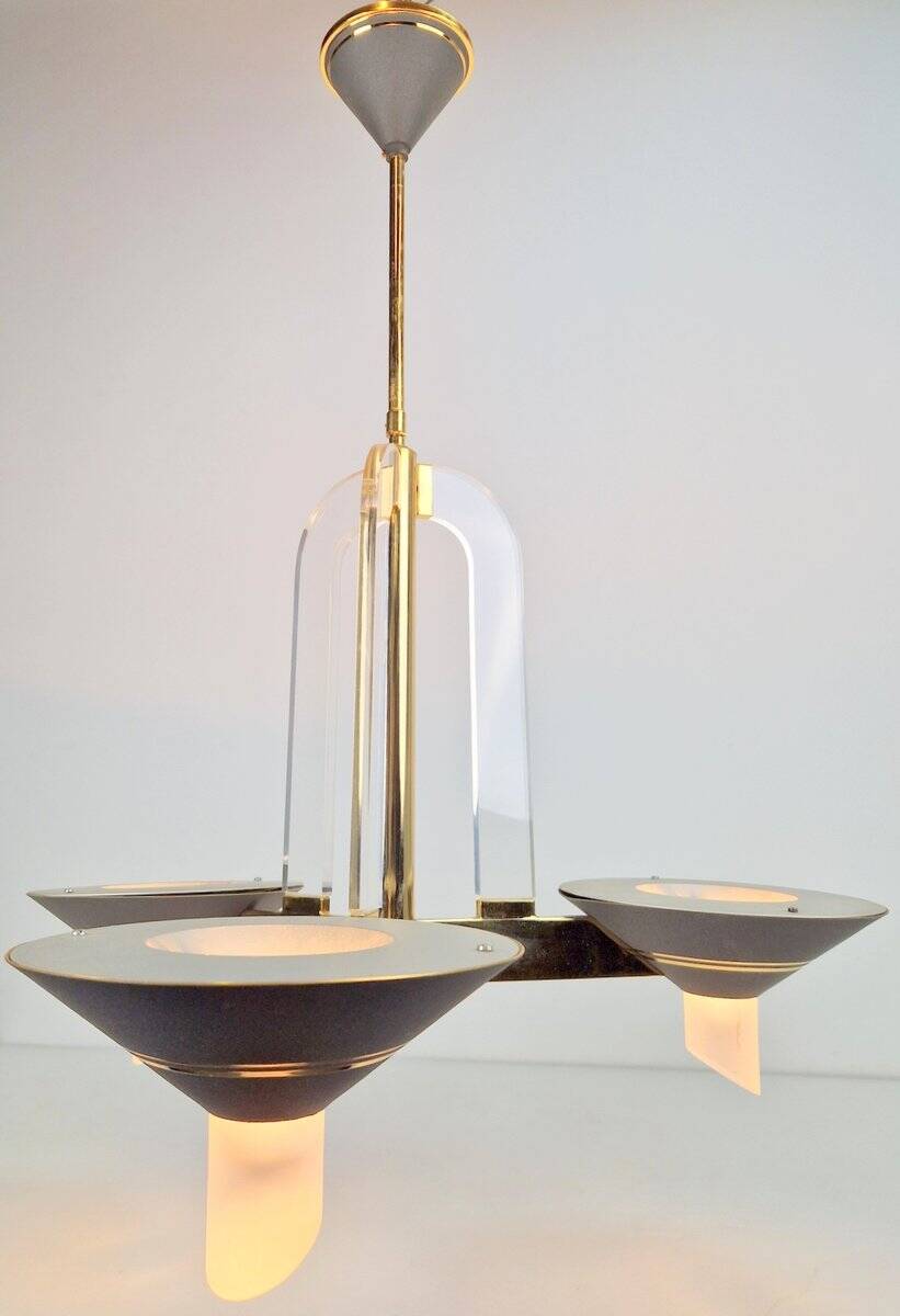 Vintage French Brass Acrylic Chandelier, 1970s