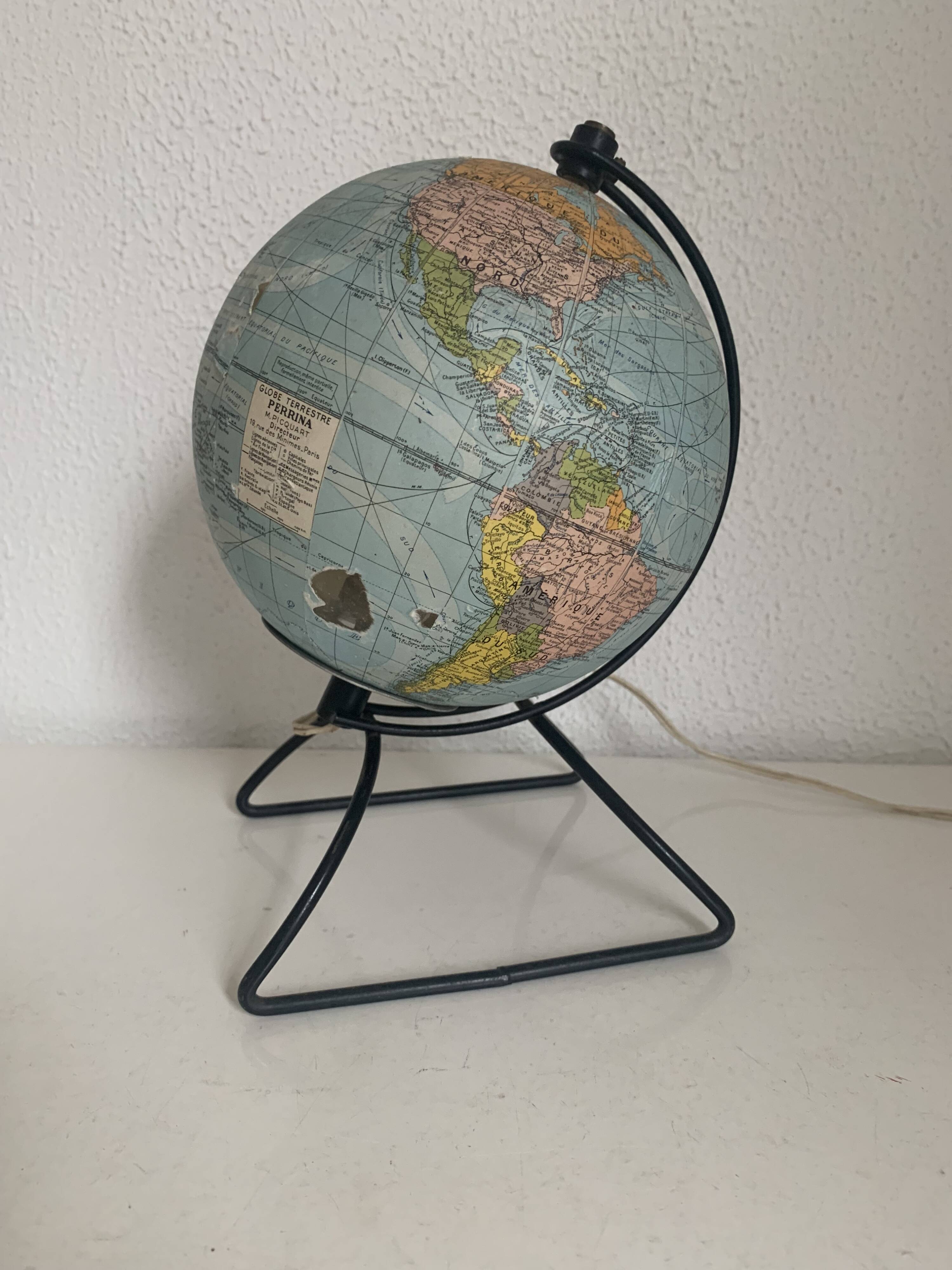 Globe vintage 1960 terrestre verre mappemonde Perrina - 24 cm