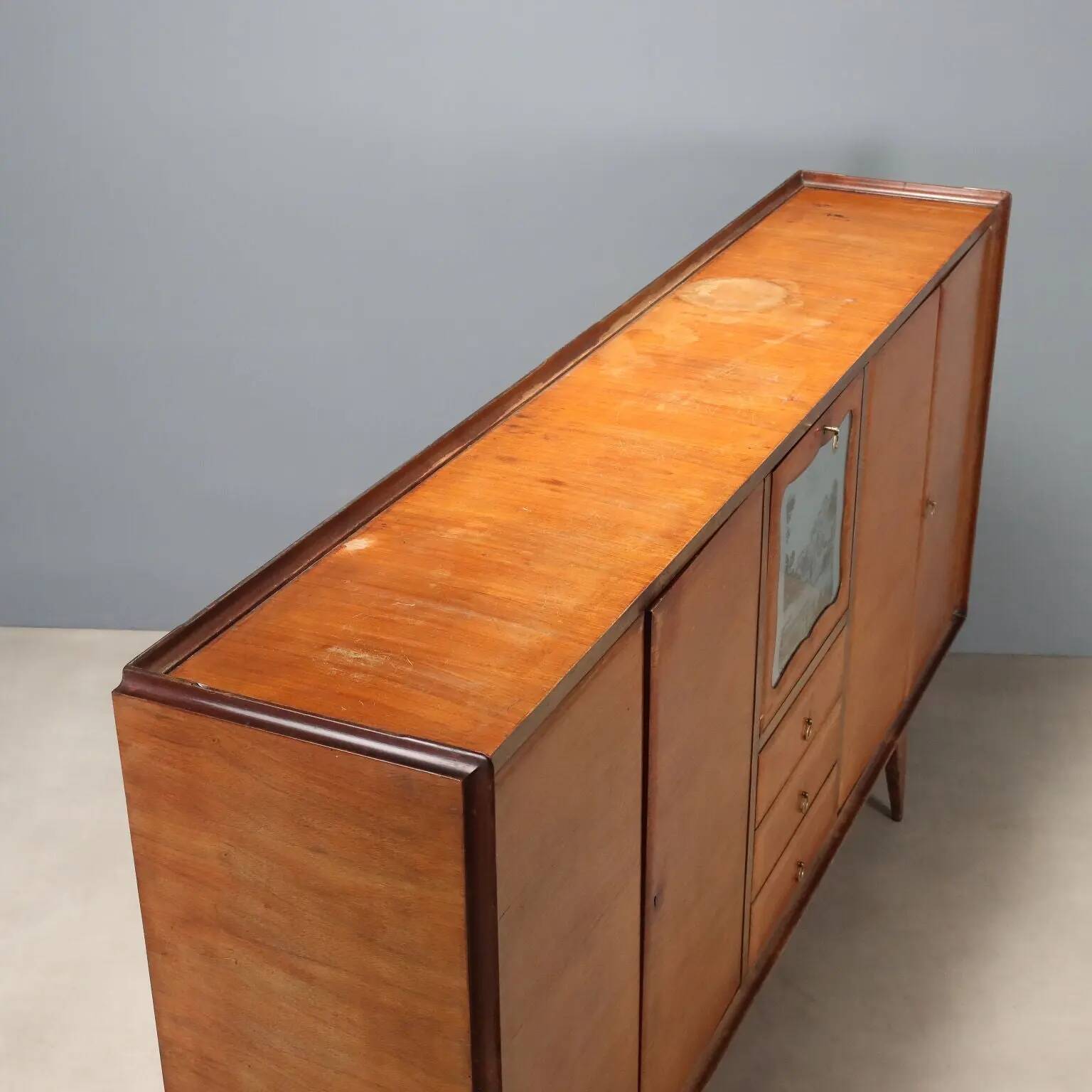 Vintage mahogany sideboard with bar compartment, 1950s-60s design.