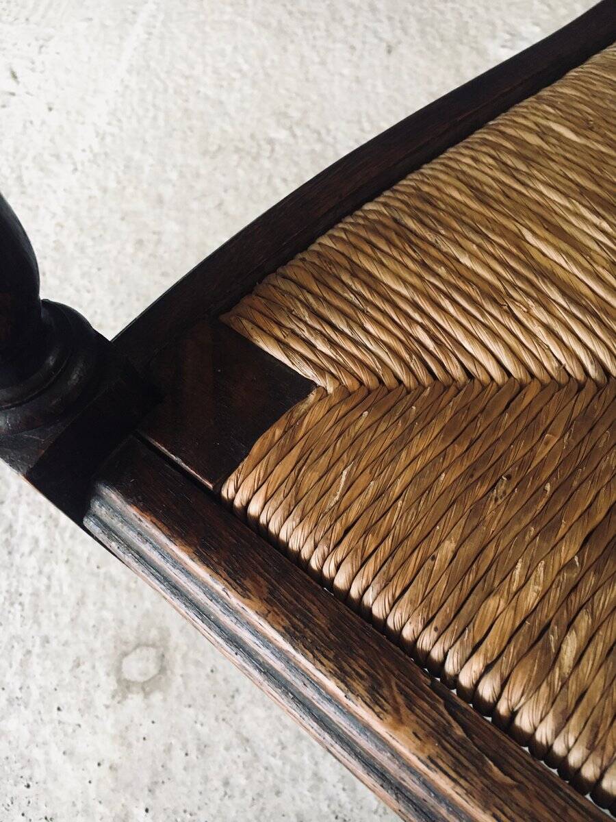 Low Arts & Crafts Oak & Rush Armchair, Belgium 1920s