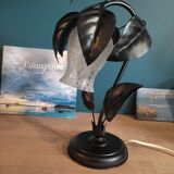 Bedside lamp black metal leaves tulip frosted glass