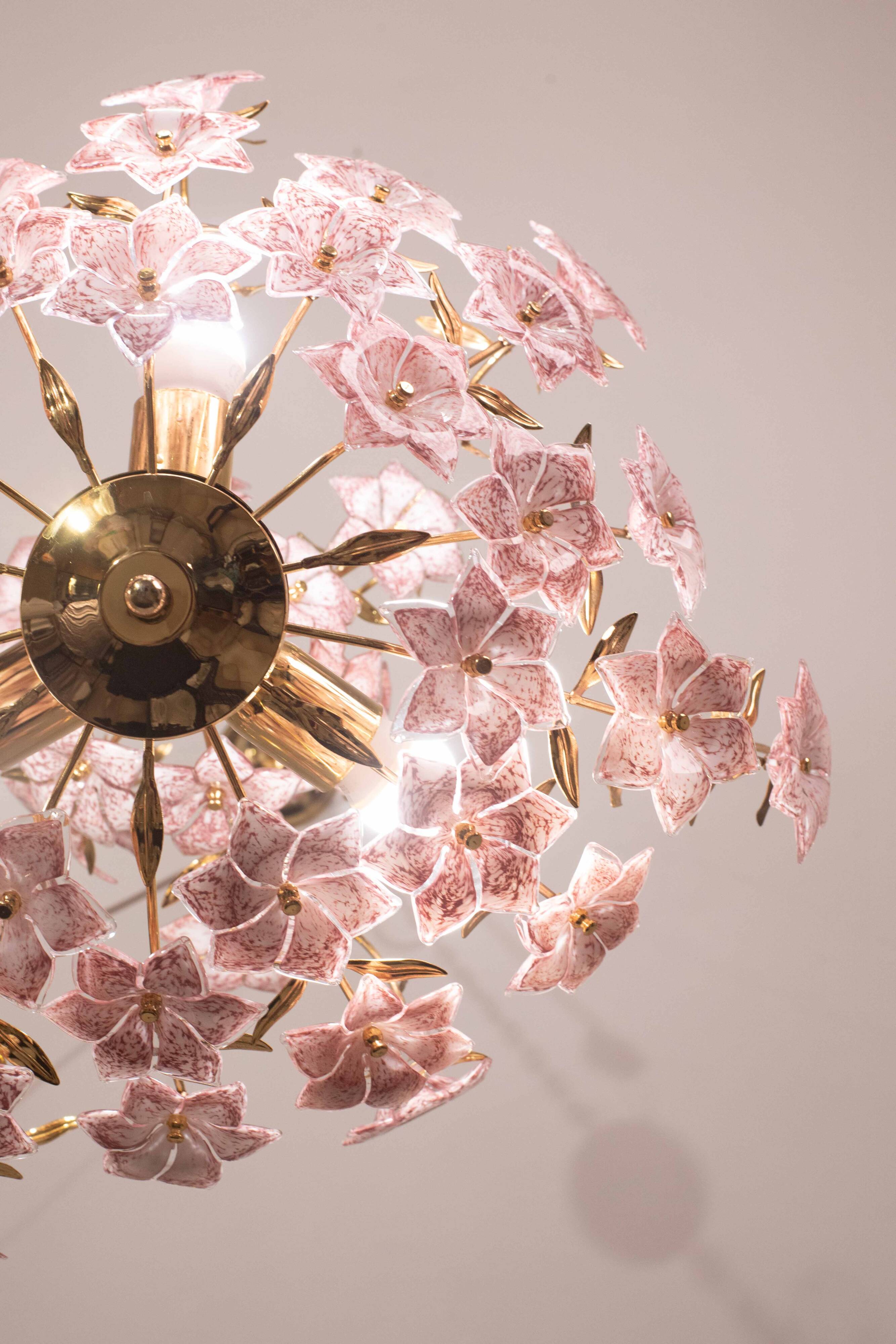 Vintage Murano Glass Chandelier Pink Flowers, 1970