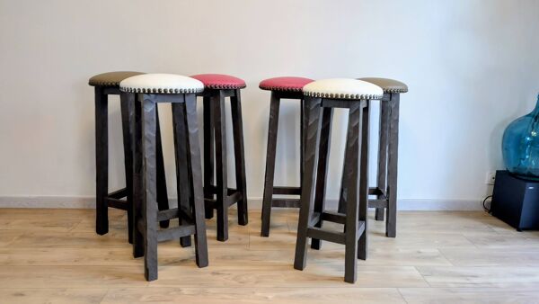 Lot de 6 tabourets de bar en bois — esprit bistrot & bois patiné
