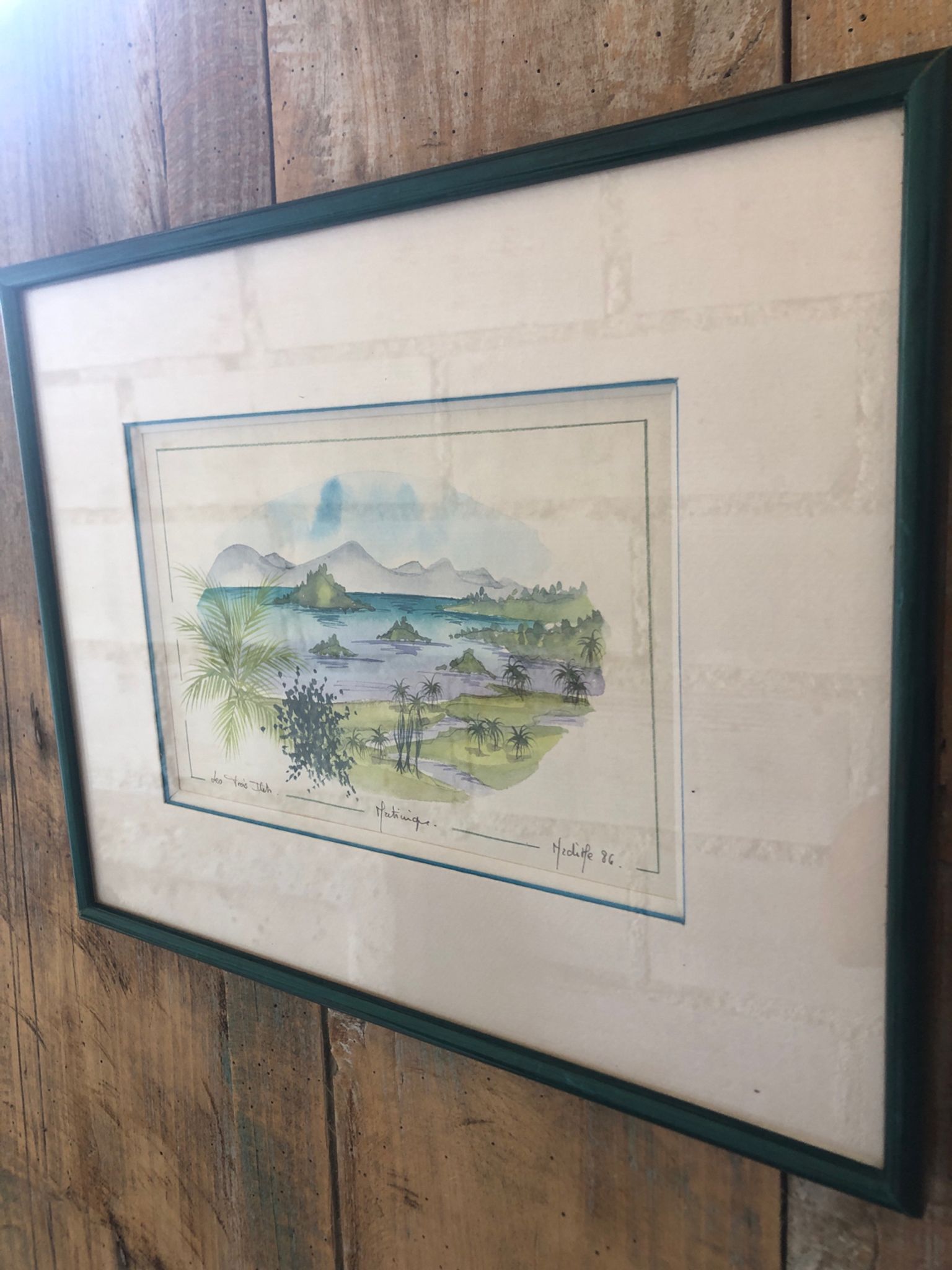 Watercolor painting nadine martinique the three islets + wood frame #a223