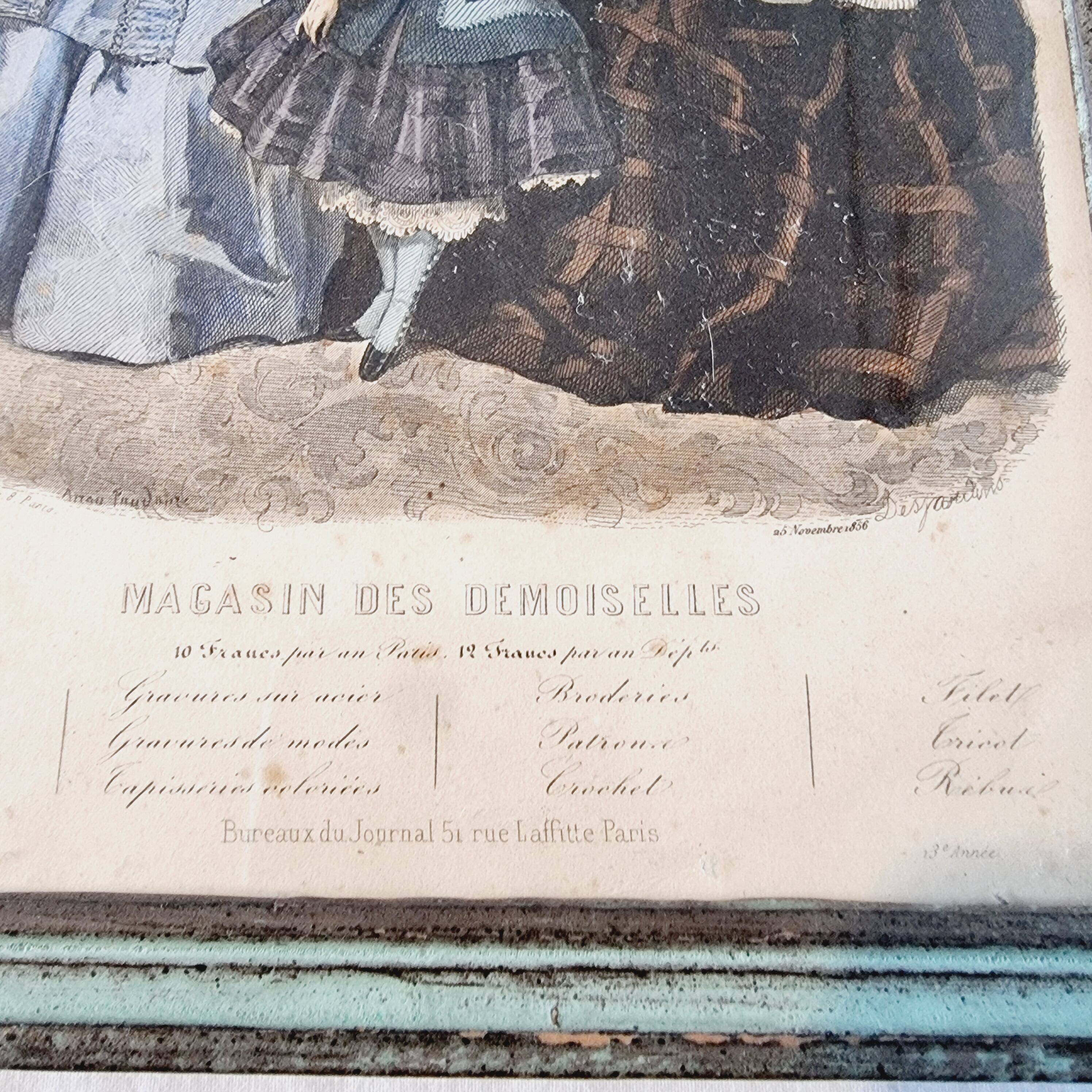 Lot de 4 tableaux avec gravures de mode originales de la fin du 19ème siècle