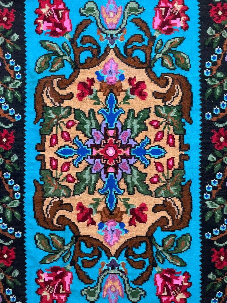 Vintage blue Moldavian rug with beautiful flowers, authentic Romanian handwoven rug 240x153cm