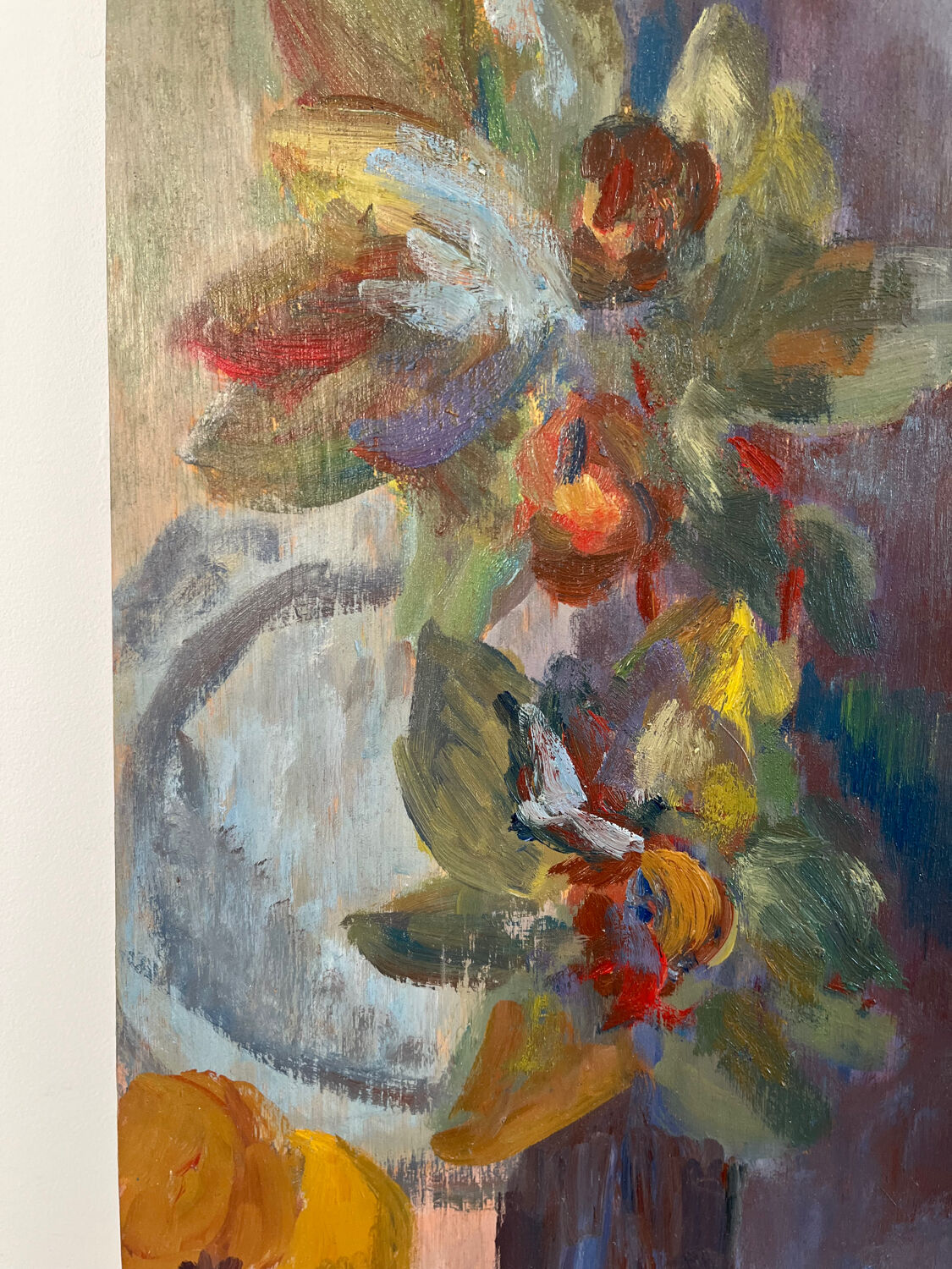 Still life and flowers, oil on panel signed Marina Farolet.
