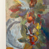 Still life and flowers, oil on panel signed Marina Farolet.