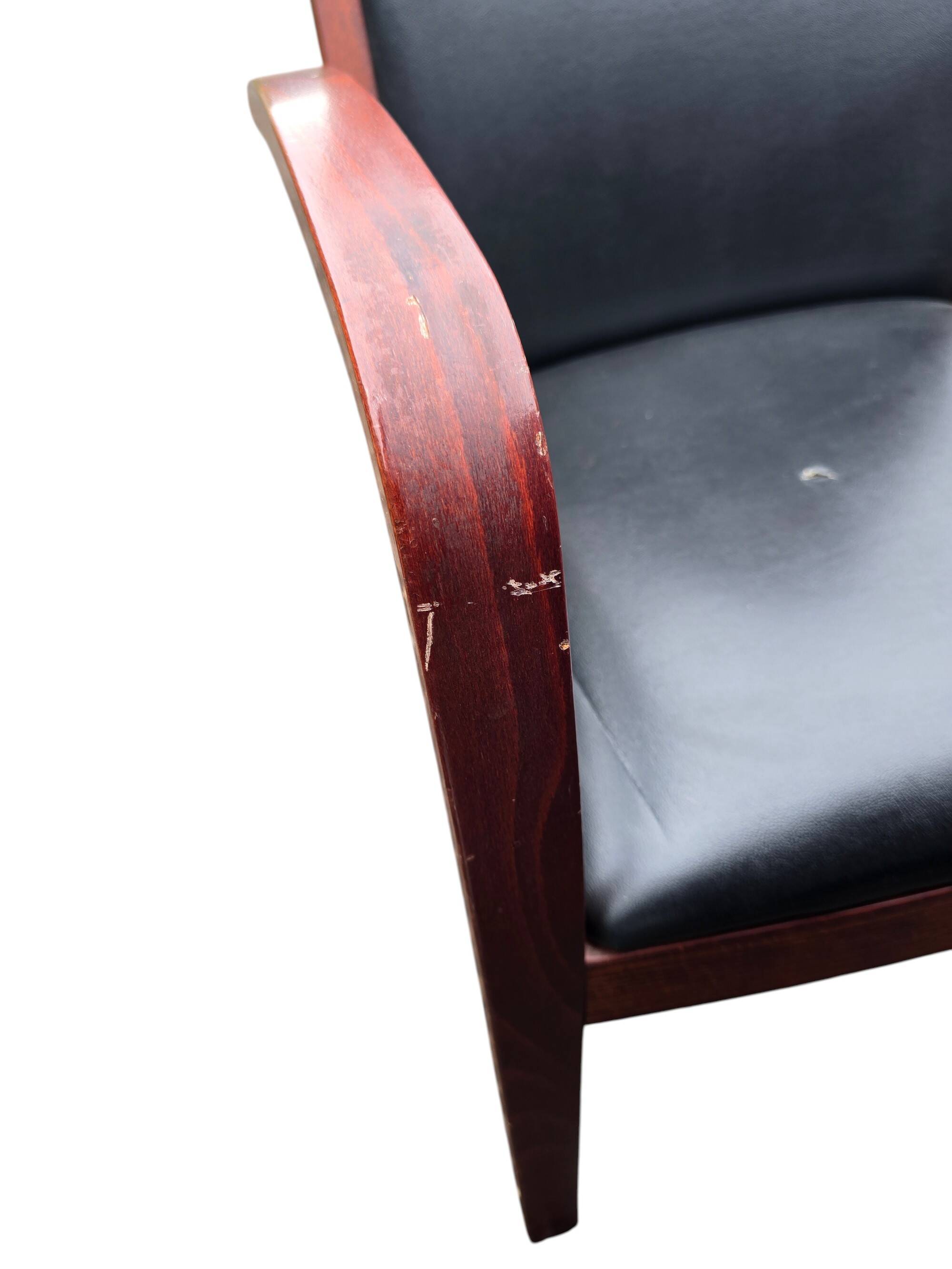 6 contemporary bridge chairs in mahogany wood and black leather