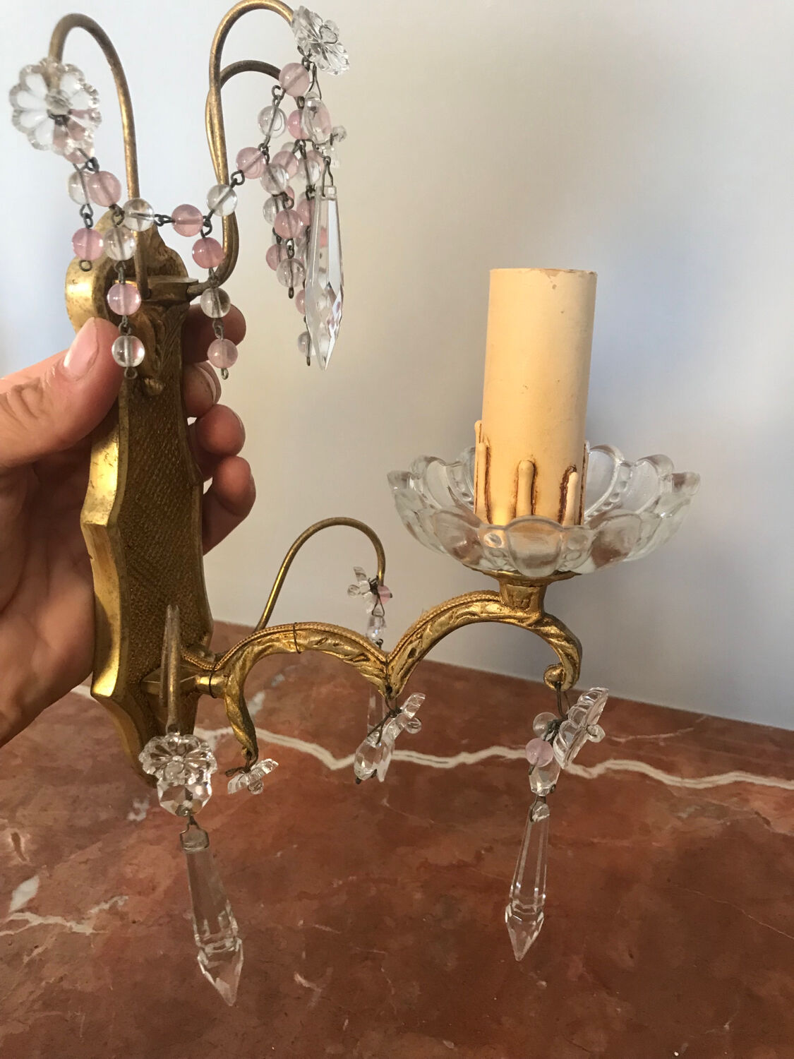 Pair of glass wall sconces with crystal drops