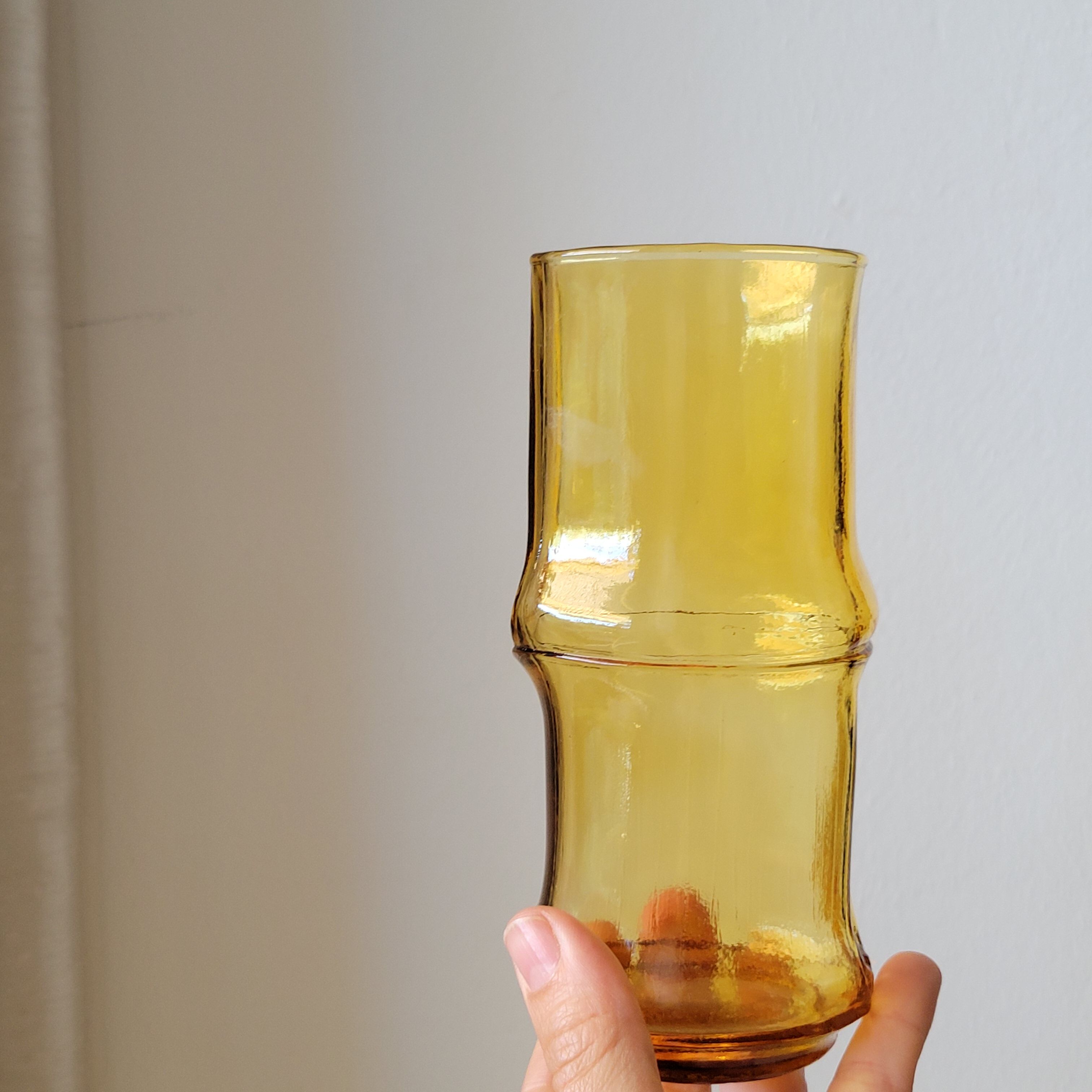 4 vintage orangeade glasses in yellow glass in the shape of bamboo