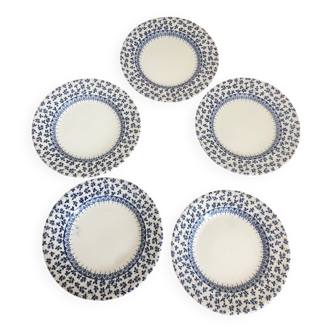 Set of 5 English earthenware dessert plates EIT blue floral decor