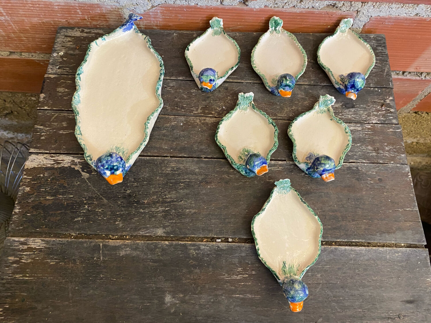 Plate + 6 Duck-Shaped Foie Gras Service Plates, Polychrome Ceramic