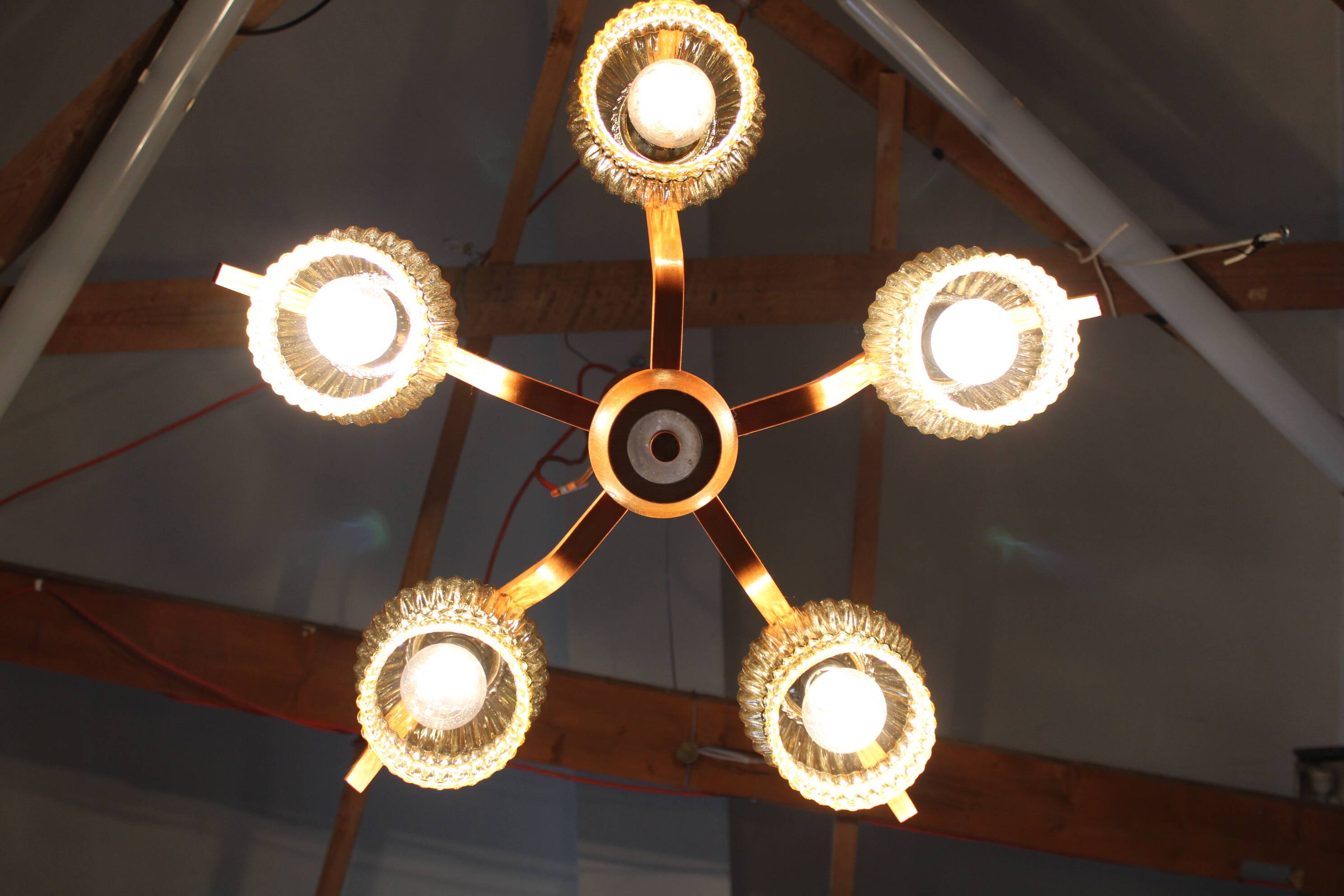 Mid Century Czech Wood Glass Chandelier, 1970s Restored