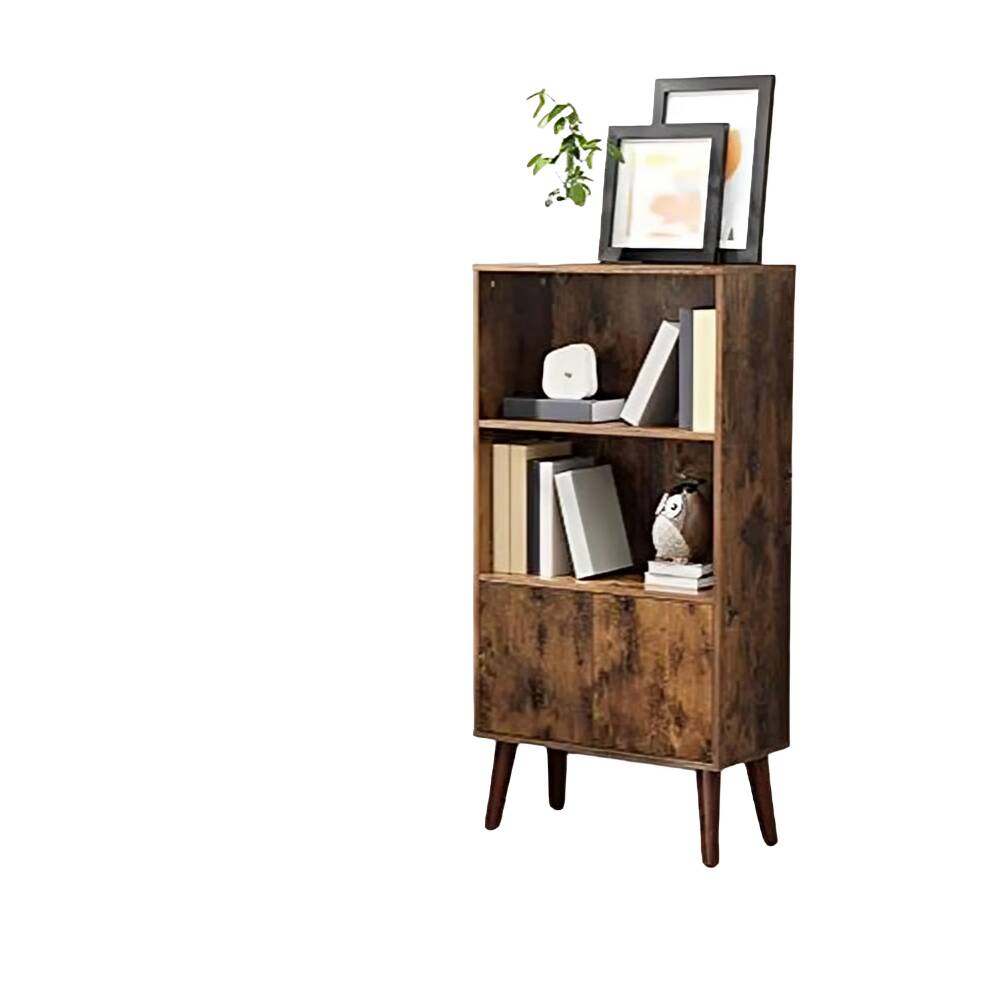 Mid-Century Modern Bookcase with Doors and Storage Cabinet, Rustic Brown
