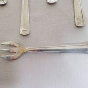 Six art deco silver metal oyster forks