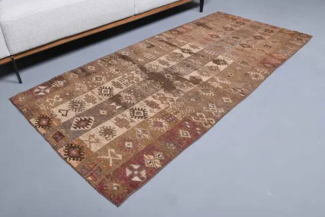 Vintage Turkish Hand-Knotted Wool Cotton Brown Runner 94x203