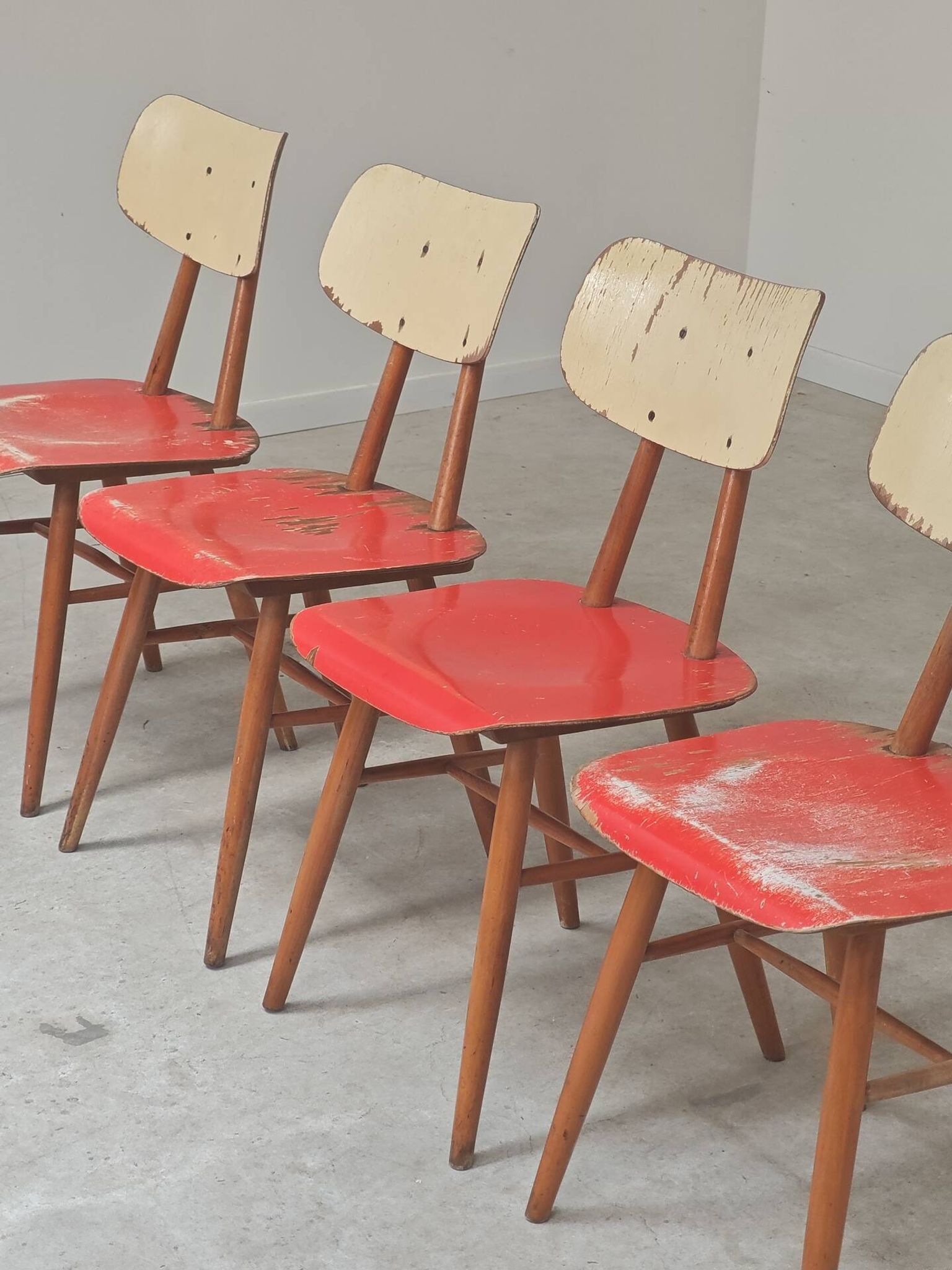Set of 4 Ton (Thonet) red wooden chairs from the 1960s.