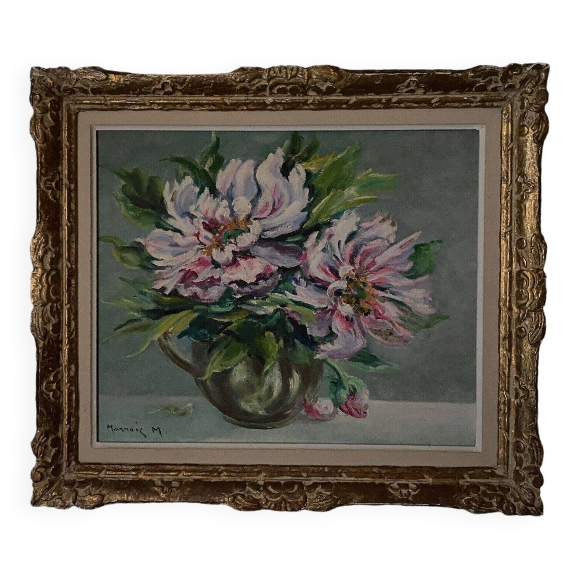 Oil on canvas still life by M. Marrois bouquet of flowers