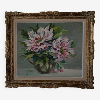 Huile sur toile nature morte "Bouquet de fleurs" par M. Marrois
