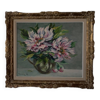 Oil on canvas still life by M. Marrois bouquet of flowers