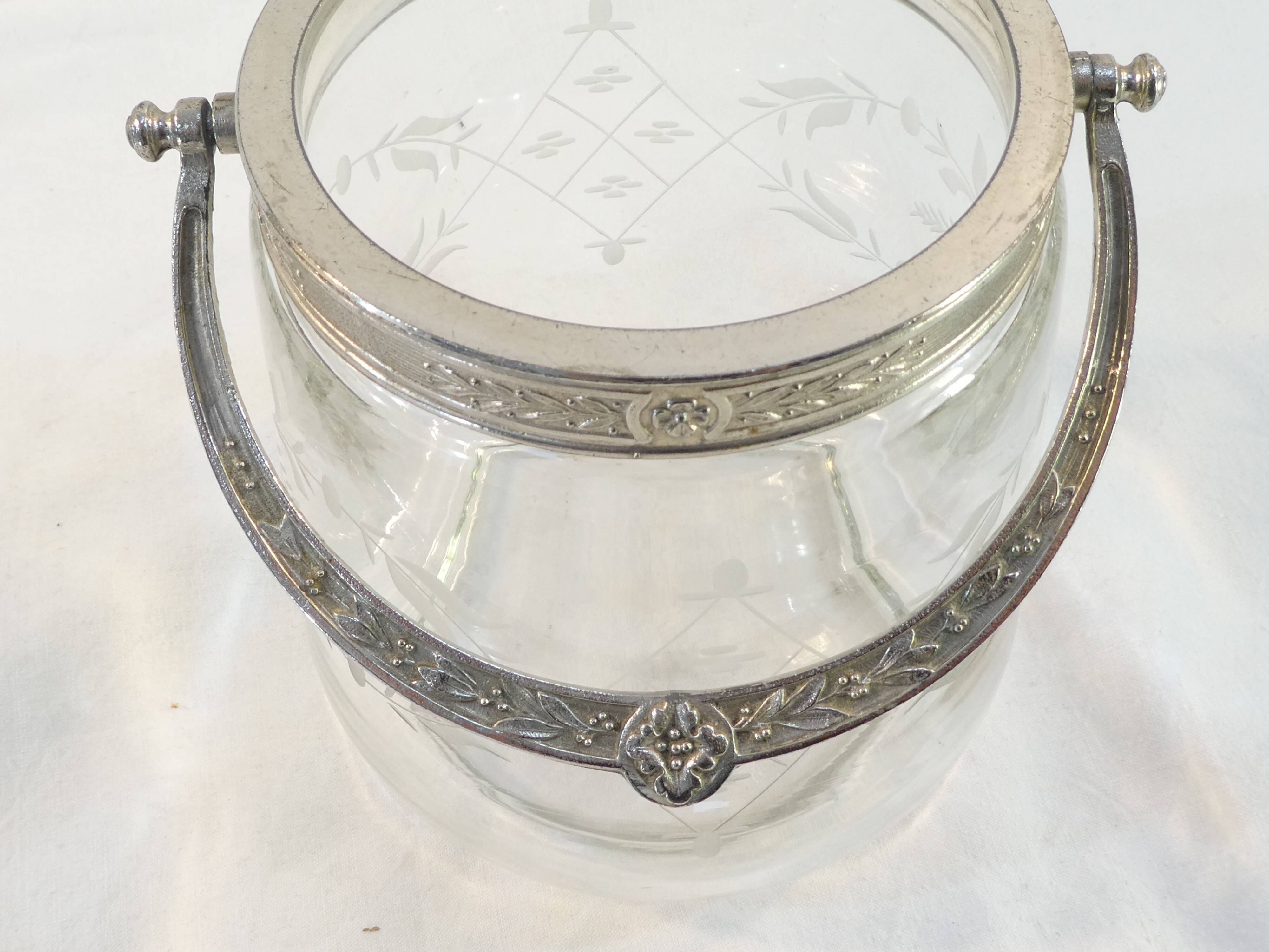 1900 glass cookie bucket engraved silver metal frame