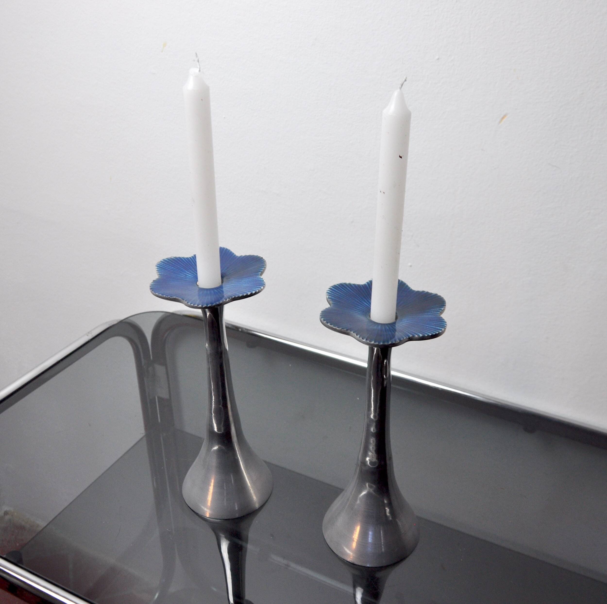 Pair of floral candlesticks by art3, aluminum and blue enameled ceramic, spain, 1980