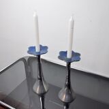 Pair of floral candlesticks by art3, aluminum and blue enameled ceramic, spain, 1980