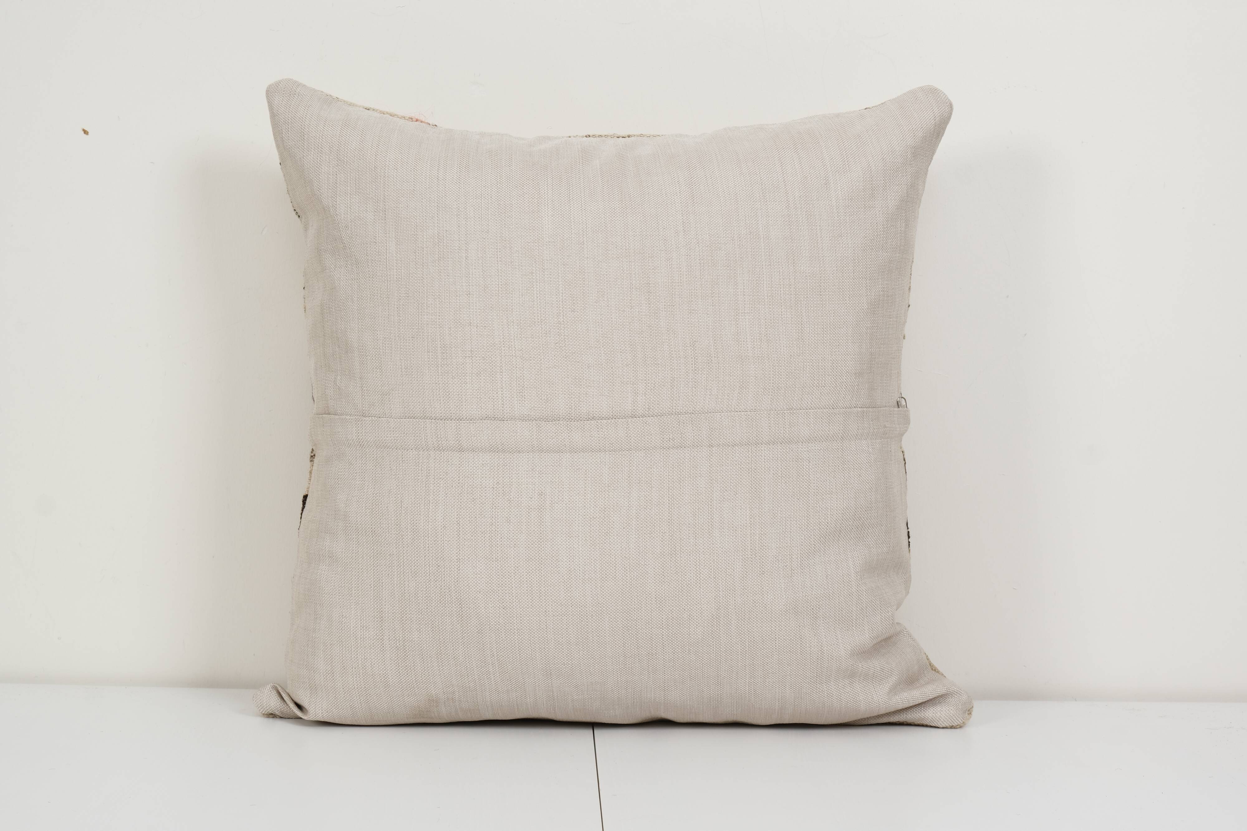 24" x 24" vintage minimalist style hemp pillow with original details, oversize wool turkish kilim